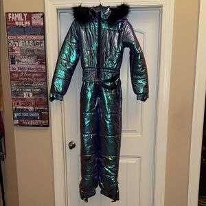 Iridescent Snowsuit with Black Fur Trim
